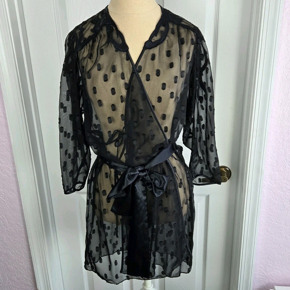 Natori Other - Natori Black Sheer Polka Dot Short Kimono Robe Lingerie‎ Size S Dressing Gown